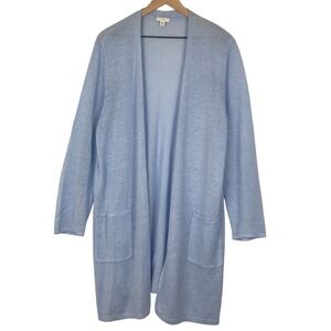 J. JILL Linen Blend Open Front Knit Cardigan Sweater‎ Sz XL Light Blue Pockets